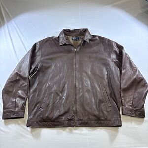 Polo Ralph Lauren Mens XXL Brown Leather Harrington Jacket Houndstooth Lining